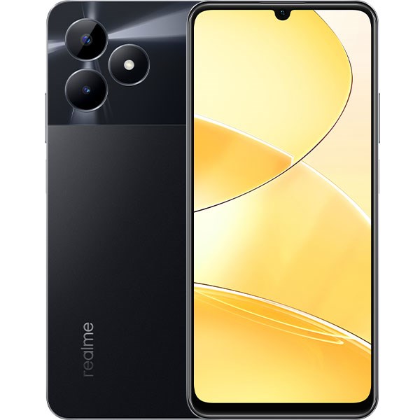 Realme Note 50 smartphone in black color showing the front screen display and dual rear cameras.